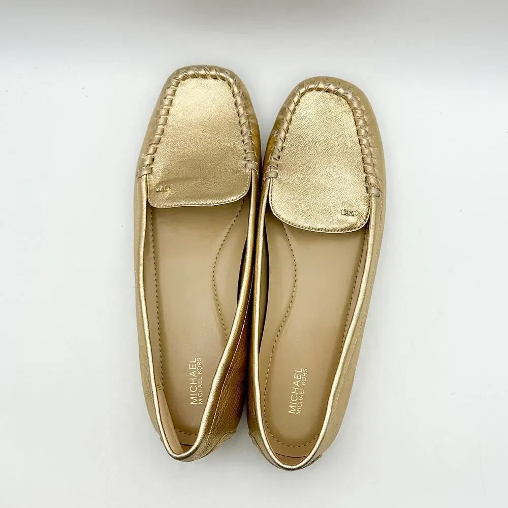 MICHAEL KORS Womens Eve Loafers Size 10 Metallic Gold Leather Slip-On NWOB